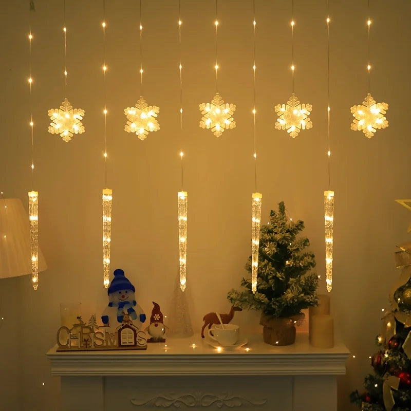 LED Christmas Icicle Snowflake Curtain Lights Indoor & Outdoor, USB Supply + Remote Control, 8 Light Modes, Easy Plug-and-Play Vue
