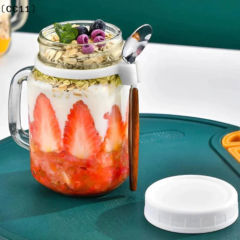 Overnight Oats Containers Handle Lid Spoon Glass Oatmeal Jars Cereal