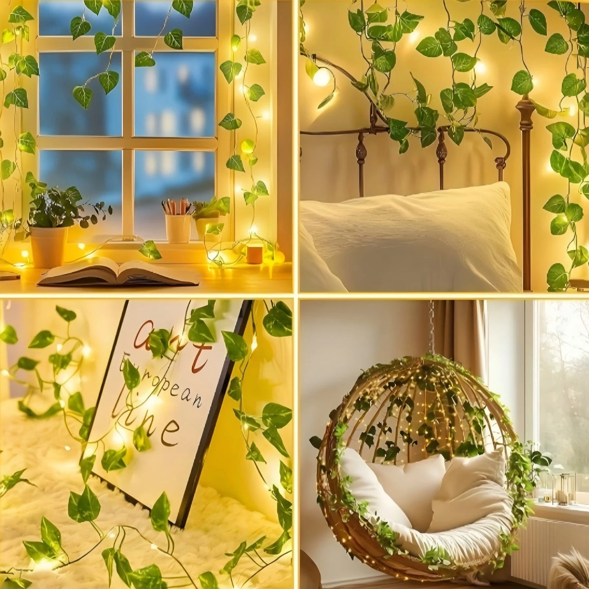 Hanging Pothos Green Vine LED Fairy Lights, Artificial Plant Decor String Lights for Desk Shelf Bedroom Wall Party Indoor Decor Vue Warm White 7M50LED