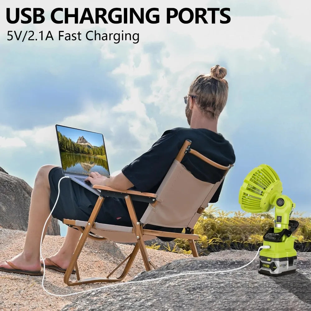 Portable Clip Fan Cordless Outdoor Camping Fan for Ryobi 18V Li-Ion Battery with USB Port for Camping,Workplace and Home Office Vue