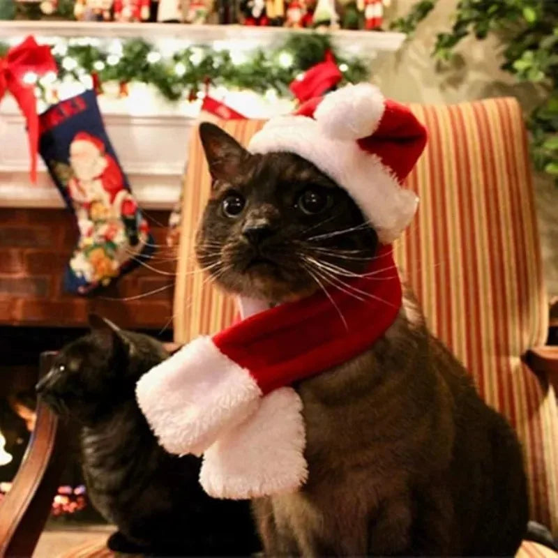 1-10PC Pet Christmas Hat and Scarf Set Adjustable Soft Outfit Holiday Costume for Cats and Small Dogs Party Dress Up Accessories Vue