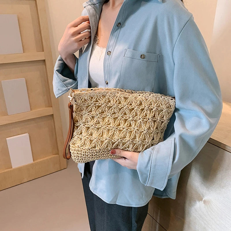 Summer Beach Women Straw Rattan Weave Shoulder Crossbody Bag Hollow