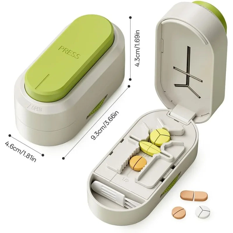 Portable 2 3 4 Halves Pill Cutter and Storage Box Reusable Medicine Containers Medicine Storage with Accurate Pill Alignment Vue green