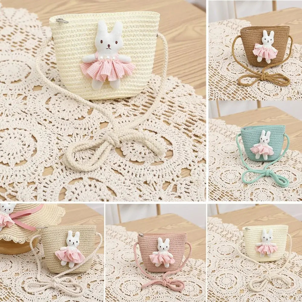 Summer Beach Cartoon Bunny Mini Straw Bag Zipper Handmade Woven Kid