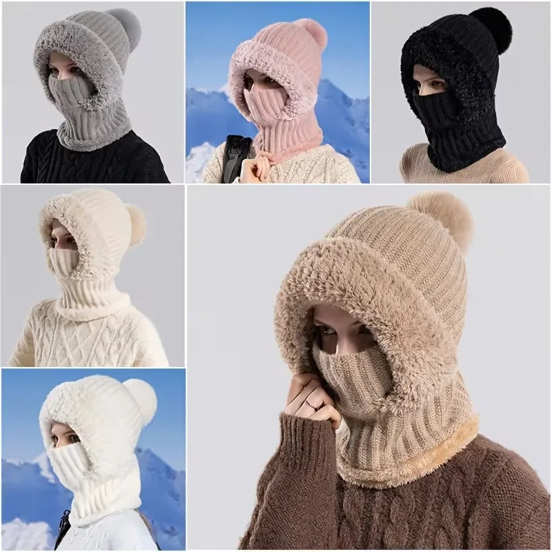 Autumn and Winter Women Fleece Lined Knitted Hat Scarf Mask One Piece Full Face Protection Windproof Thick Warm Hood Vue