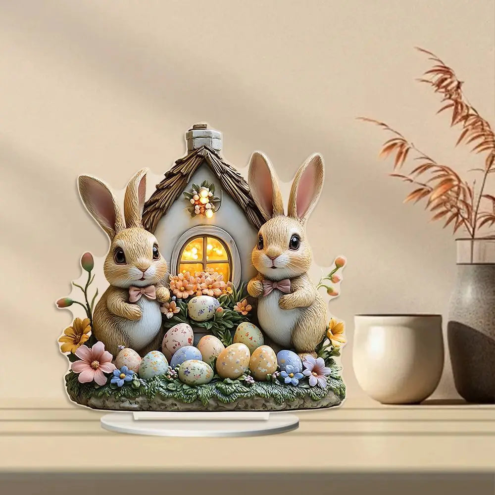 Acrylic Easter Bunny Ornament Easter Decor Desktop Decor Rabbit House 2D Flat Table Decoration Acrylic Ornament Office Decor Vue