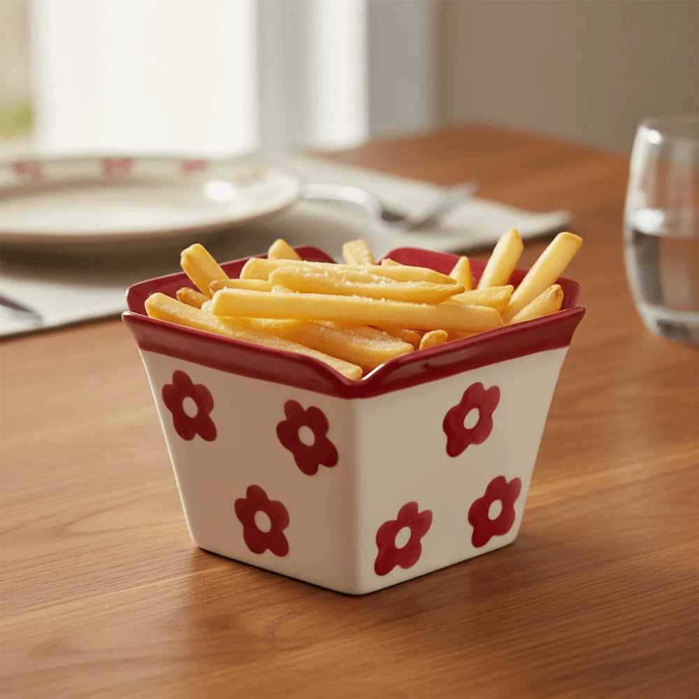 Decorative Ceramic French Fries Bowl Striped Pattern Heat-resistant Snack Bucket Cartoon Square Bowl Popcorn Maker Restaurant Vue