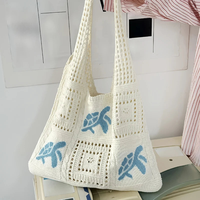 Women Stylish Turtle Cherry Pattern Crochet Tote Bag Large Capacity Vue b-turtle