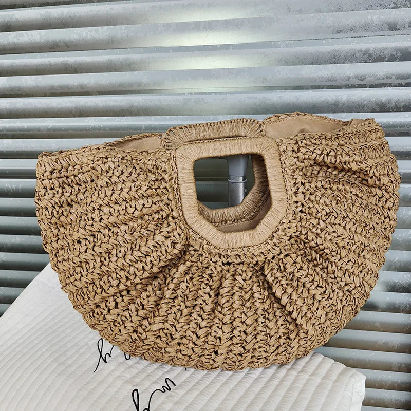 Summer Woven Straw Bag Moon Large Capacity Purse Handbag Women Beach