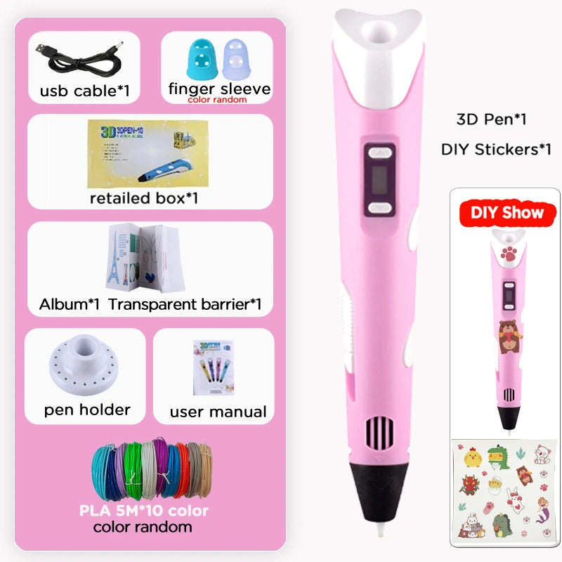 3D Printing Pen Kids PLA 40 Colors 1.75mm PLA Filaments Children 3D Doodle Pen DIY Drawing Pens Boys Girls Birthday Gifts Vue pink pen add 50M PLA Filagment