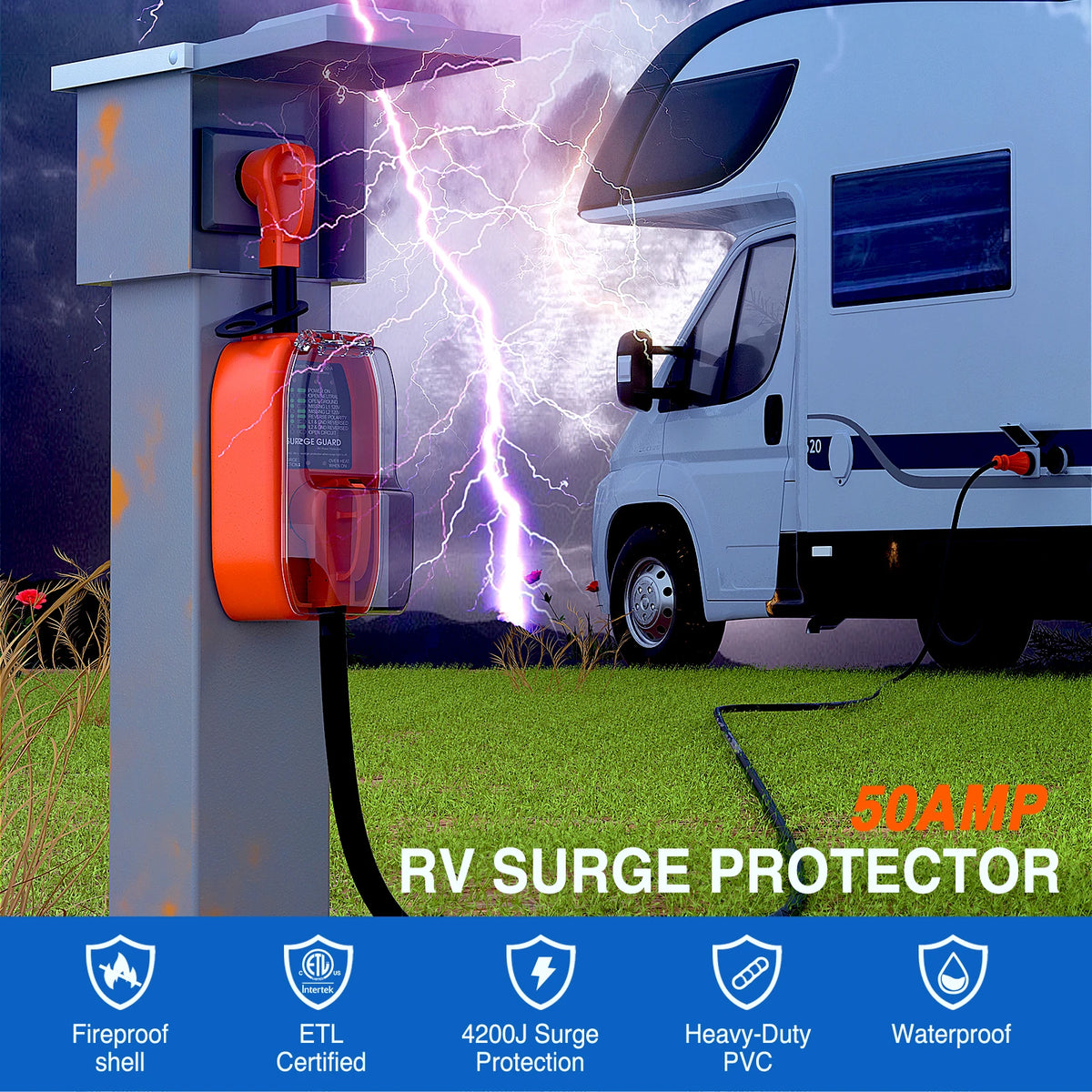 Nilight 50Amp RV Surge Protector Circuit Analyzer 4200 Joules Voltage Monitor High Low Spikes 125V/6250W ETL Listed with Extension Cord for RVs Camper Van Vue