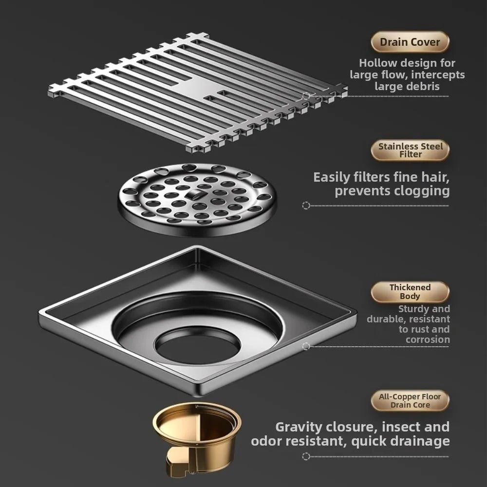 Anti-Odor Stainless Steel Floor Drain Dual Use Universal Shower Trap Filter Square All Copper Drain Core Floor Hair Catcher Vue