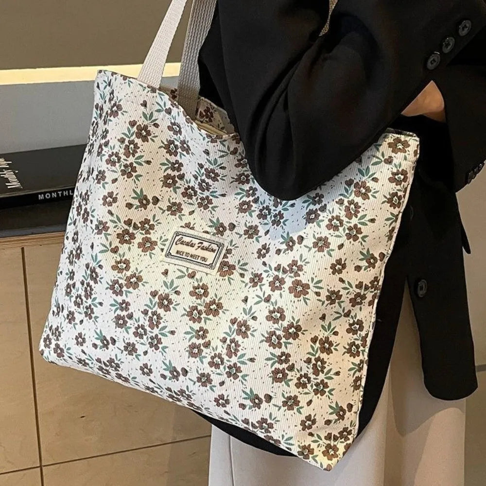 Portable Floral Canvas Tote Bag Reusable Large Capacity Commute
