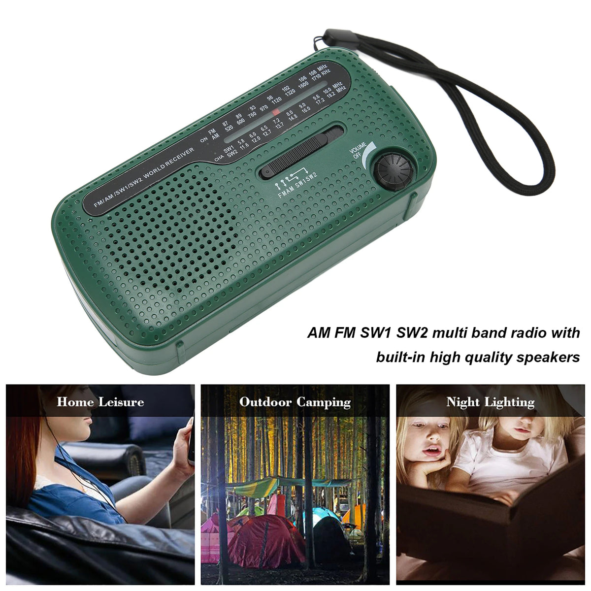 Hand Crank Solar Radio AM FM SW1 SW2 Camping LED Flashlight Multiband Camping Emergency Radio for Outdoor Hand Crank Solar Radio Vue