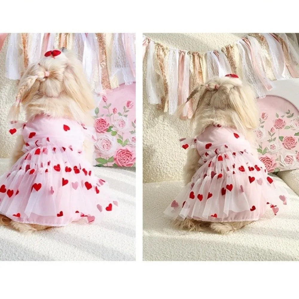 Heart Printed Dog Tulle Skirt Thin Breathable Dreamy Pet Princess Dress Soft Ruffle Trim Love Pattern Dresses Pet Photography Vue