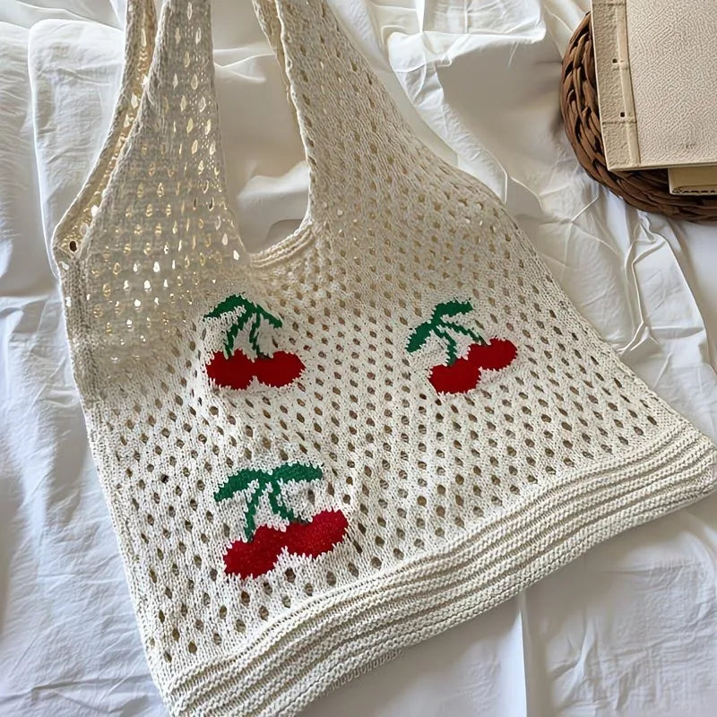 Women Stylish Turtle Cherry Pattern Crochet Tote Bag Large Capacity