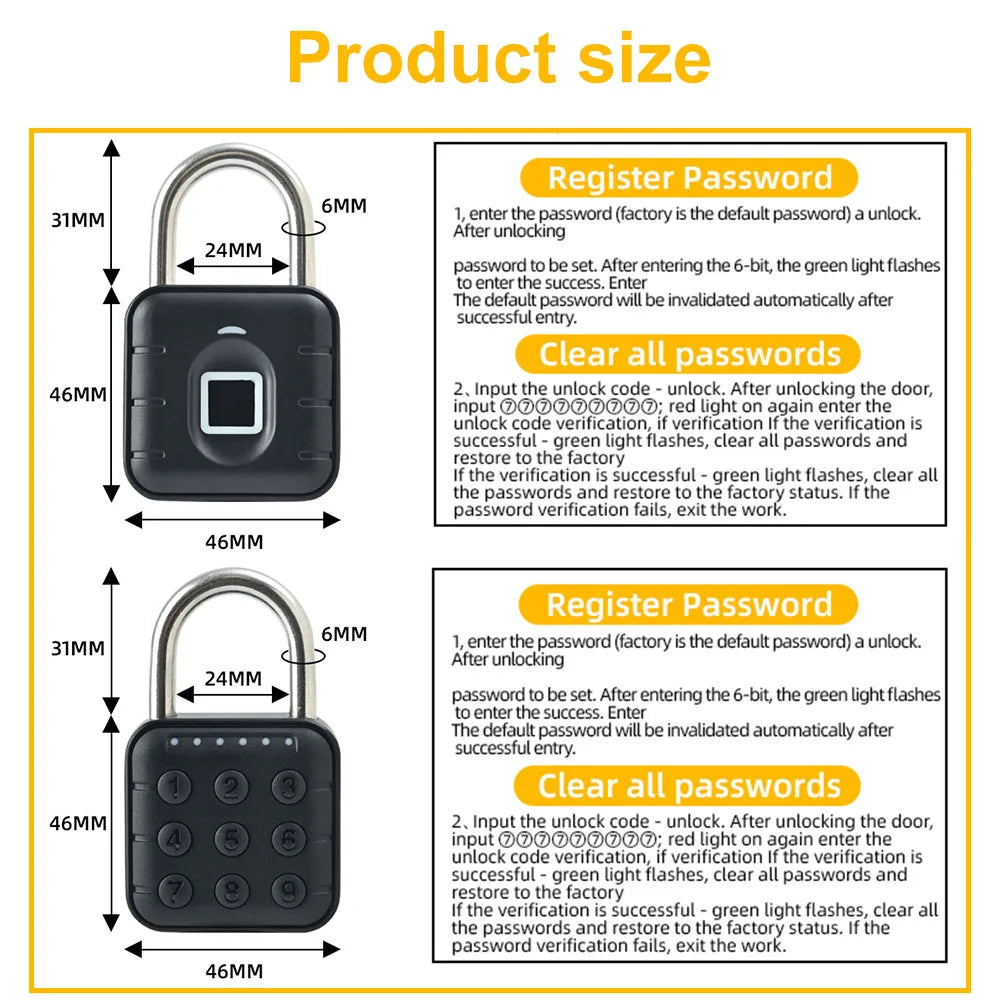 Mini Intelligent Fingerprint Electronic Padlock Backpack Luggage Door Cabinet Small Lock Vue
