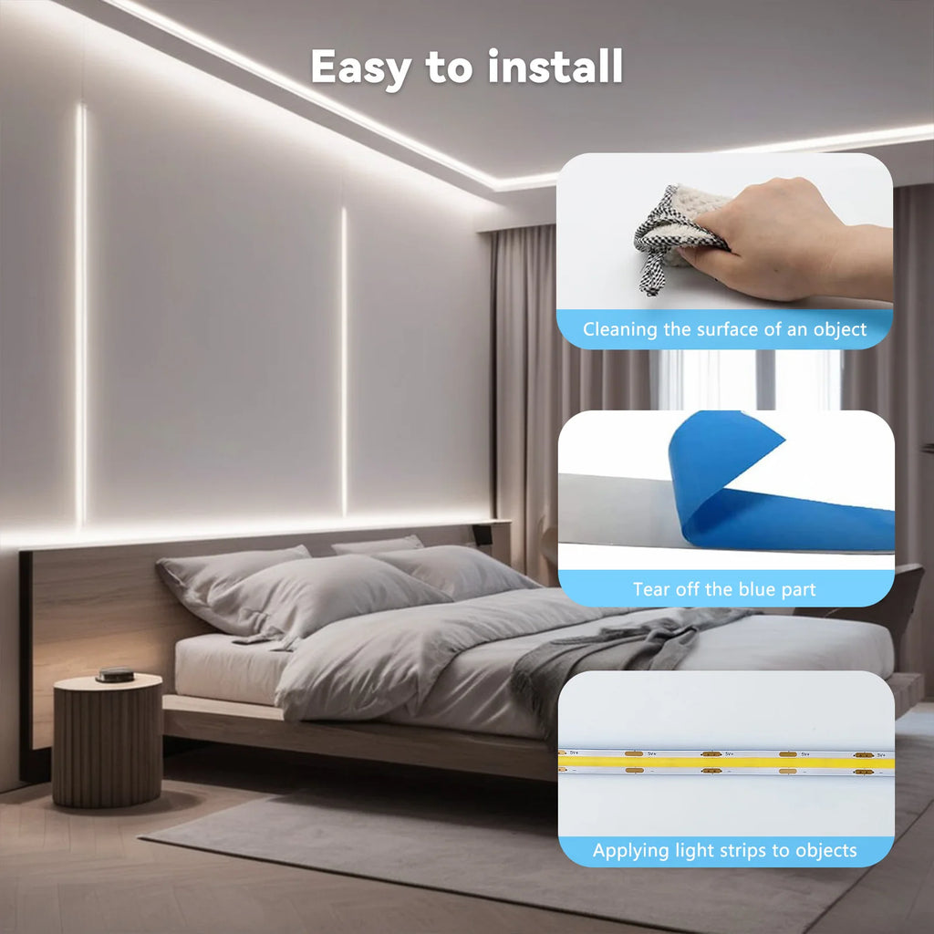 5V USB COB LED Light Strip Linear Touch Dimmable Flexible Diode Tape Home Christmas Lights TV Mirror Backlight Room Decoration Vue