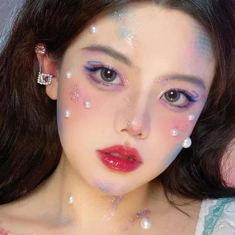 1 Sheet 3D Coloful Pearl Eyes Face Tattoo Self Adhesive Face Gem Jewels Eyeshadow Stickers Round Pearls Makeup Rhinestones Vue