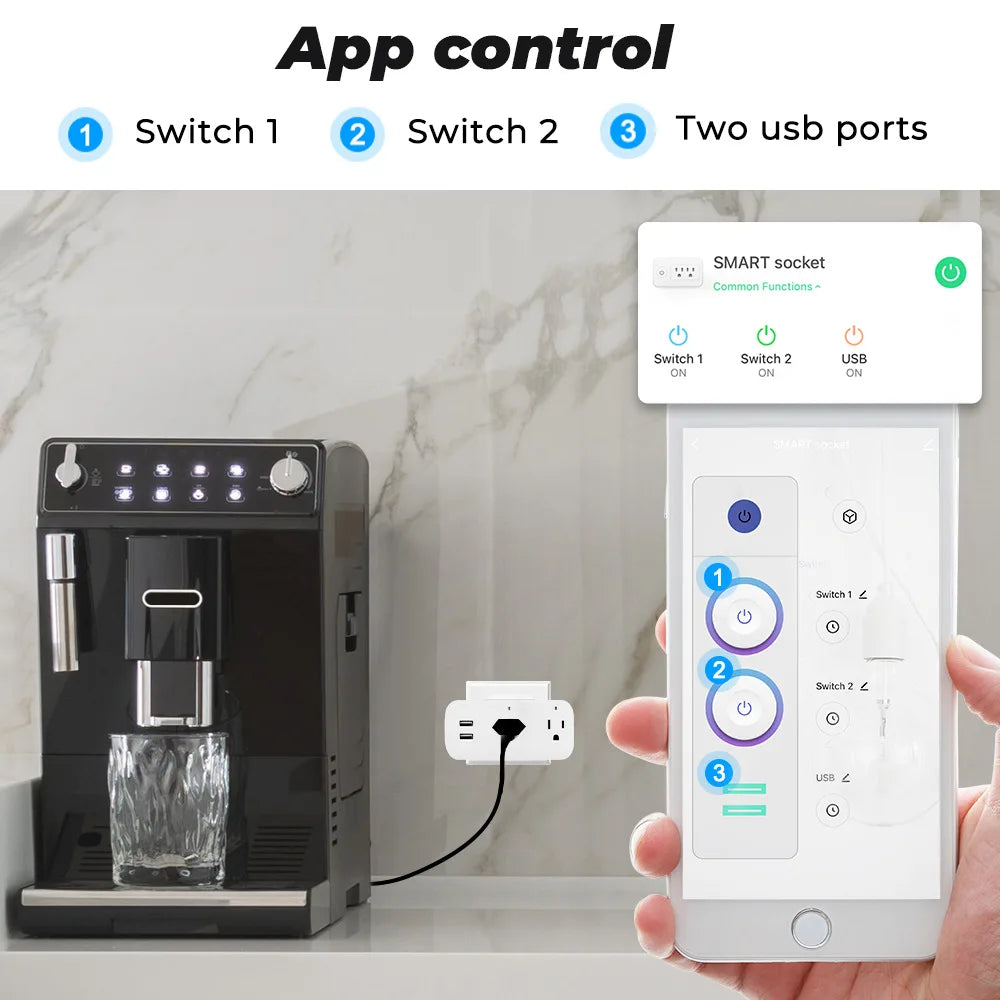 AC100-240V 16A Tuya Smart Socket WiFi Power Strip 2 Outlet 2 USB Port Multi Plug Socket Work with Alexa Google Home Smart Life Vue