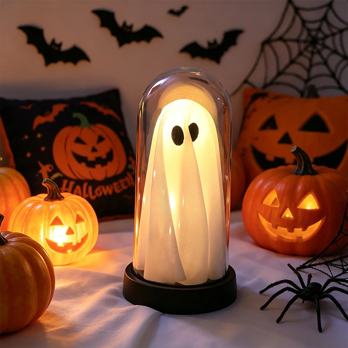 Cute Spooky Ghost LED Decorative Table Light, Glass Dome Halloween Night Light for Bedroom Desk Kids Room Holiday Decor Vue