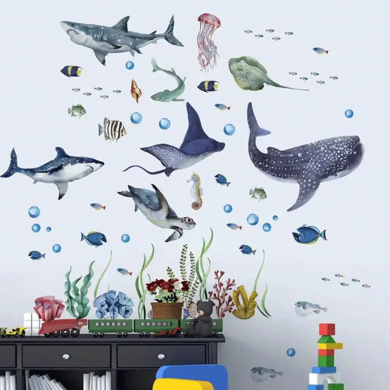 Watercolor Ocean Shark Wall Decals Marine Fish Stickers Removable for Kids Nursery Sea Animal Themed Room Decor Vue Default Title