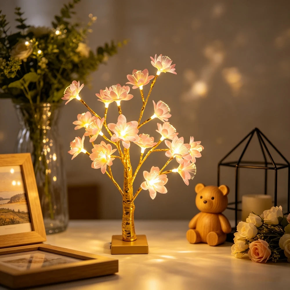 18LED Camellia Flower Golden Birch Tree LED Table Lamp,Battery Powered Night Light for Bedroom, Dining Table, Wedding Home Decor Vue