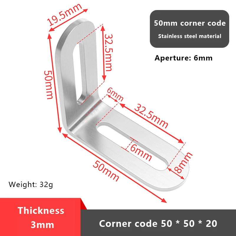 1PCS L-shaped Stainless Steel Adjustable Angle Code Long Hole Activity 90 ° Right Angle Furniture Fixer Shelf Bracket Connector Vue 2 Silver