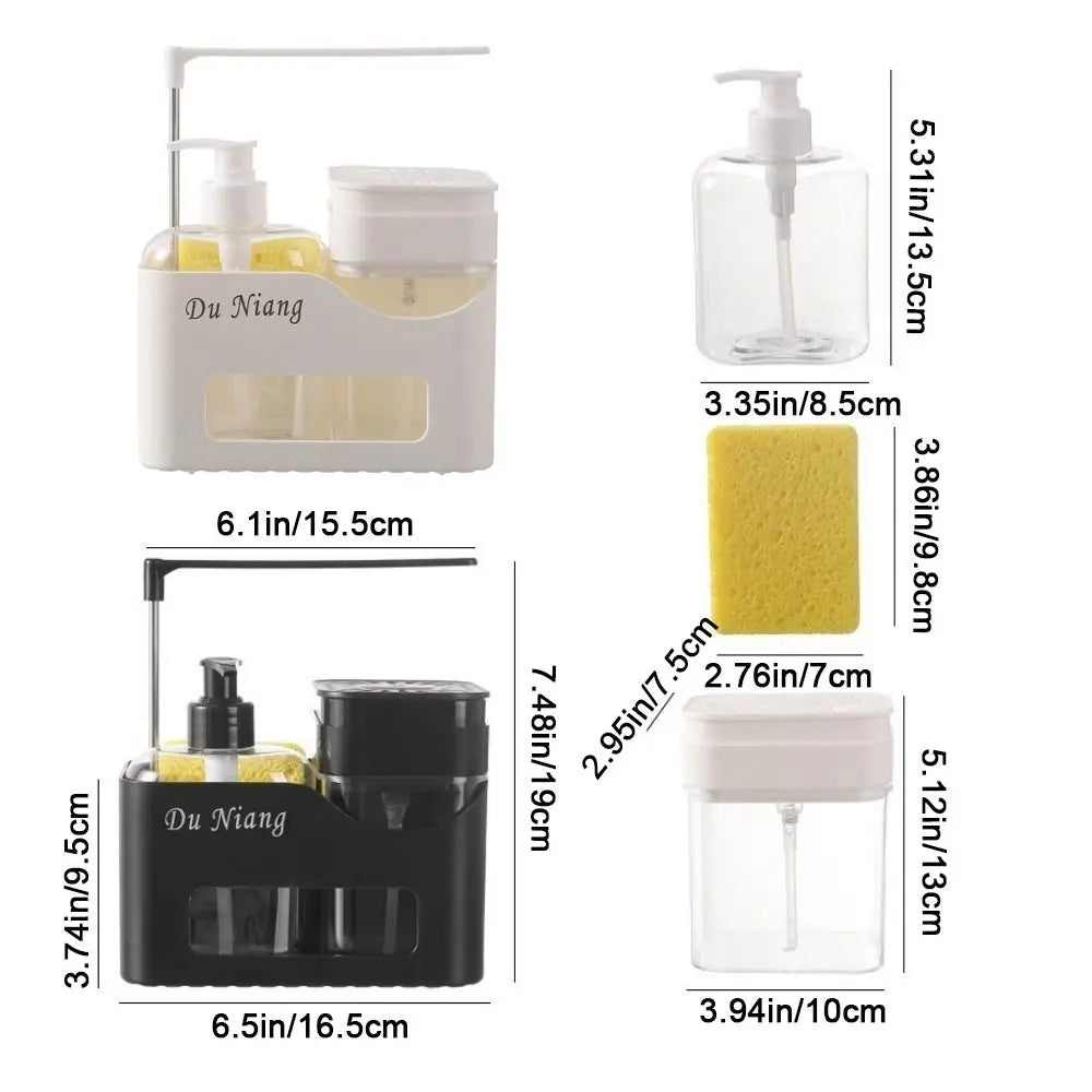 4-in-1 Hand and Dish Soap Dispenser Set Plastic Refillable Press Soap Dispenser Rag Holder with Sponge Holder Shampoo Bottle Vue