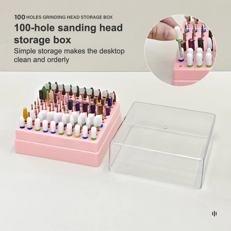 100 Holes Nail Art Drill Storage Box Grinding Polish Head Bit Holder Display Nail Drill Bits Organizer Plastic Nail Stand Vue