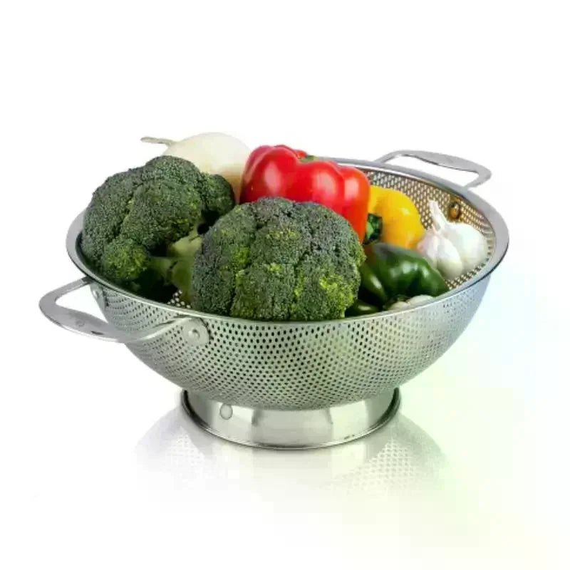 Stainless Steel Colander With Double Handle Food Pasta Strainer Basket With Self-draining Solid Ring Base Fine Mesh Filter Vue