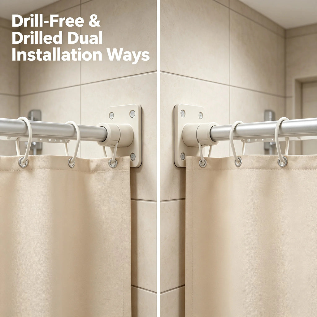 Folding Shower Curtain Set | 4-Section Rod, Drill-Free, Beige Shower Curtain Set Vue