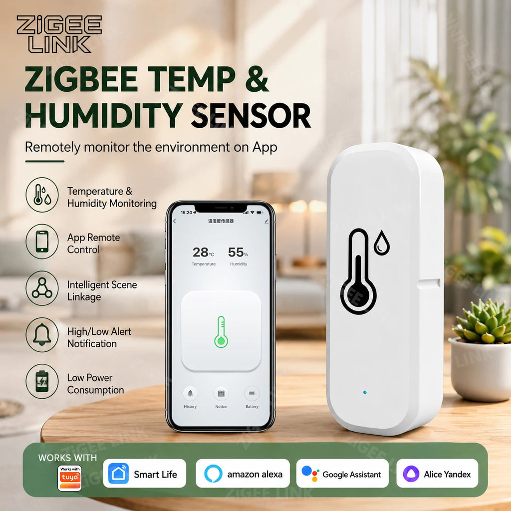 Smart Zigbee3.0 Thermo Hygrometer Sensor Real-Time APP Monitoring With Abnormal Alert Tuya Smart Life Voice Linkage Alexa Google Vue