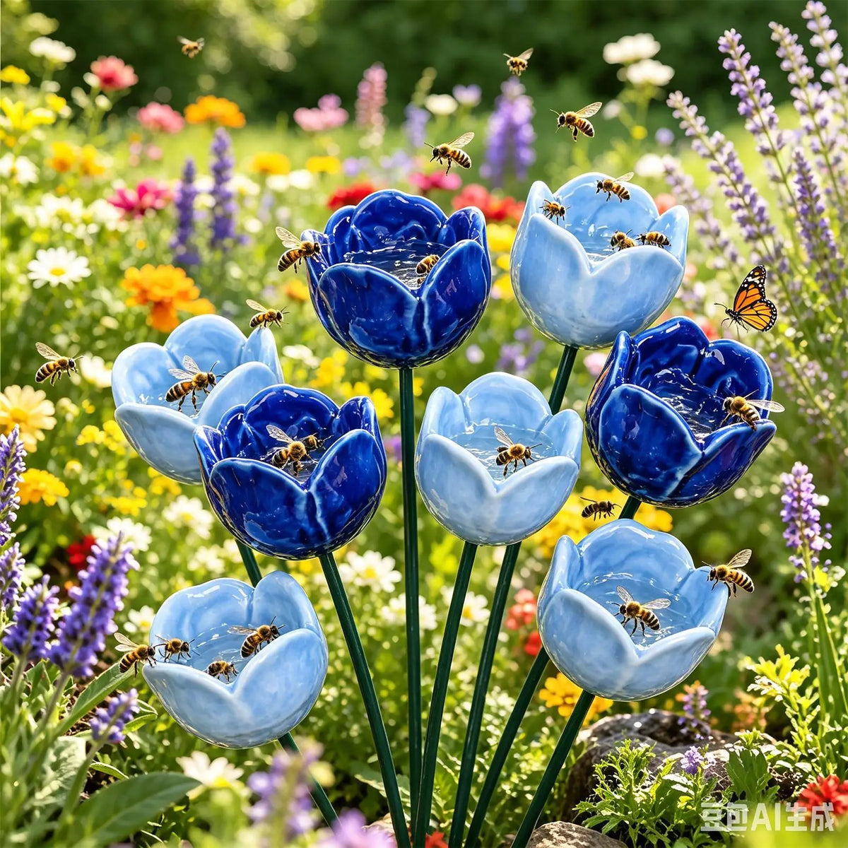 4PCS Ceramic Bee Watering Cups, Handmade Flower Shaped Garden Decor, Butterfly Hummingbird Drinking Station for Outdoor Yard Vue