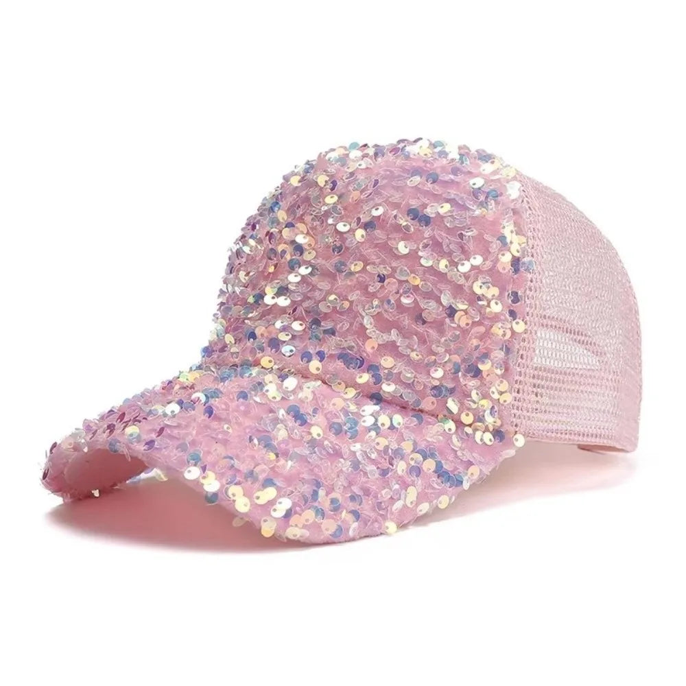Fashion Breathable Shiny Sequin Baseball Cap Mesh Casual Women Sun Vue Pink