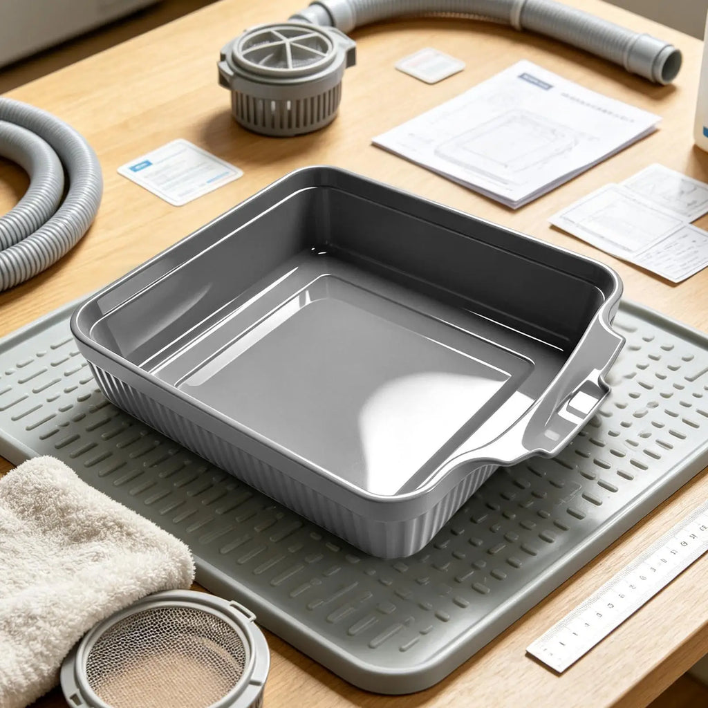 Universal Home Washing Machine Drain Tray, Leak-Proof Water Catch Pan with Hose Adapter, Front-Load Drip Tray & Floor Protector Vue