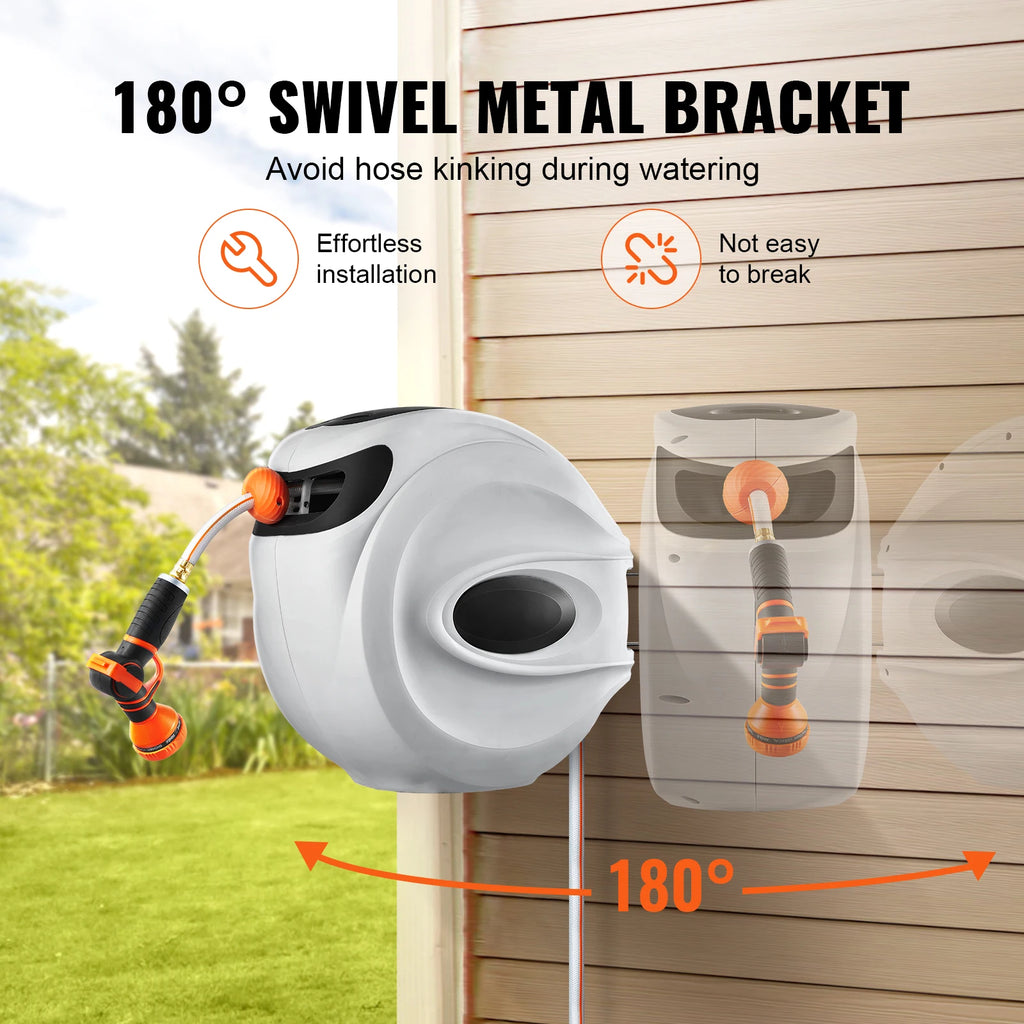 Retractable Wall-Mount Garden Hose Reel 84ft | 9-Pattern Nozzle Garden Hose Reel Vue
