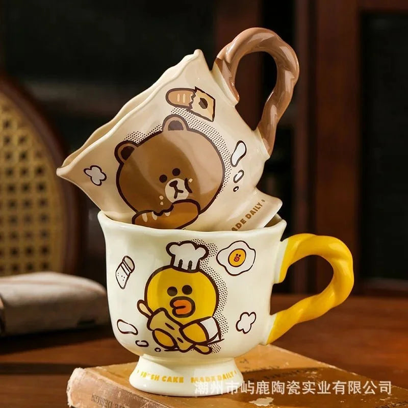 Cute Brown Bear Mugs Ceramic Braid Design Cony Rabbit Coffee Cute high-value water cup Mug Cup Birthday Gift for Lover Friends Vue