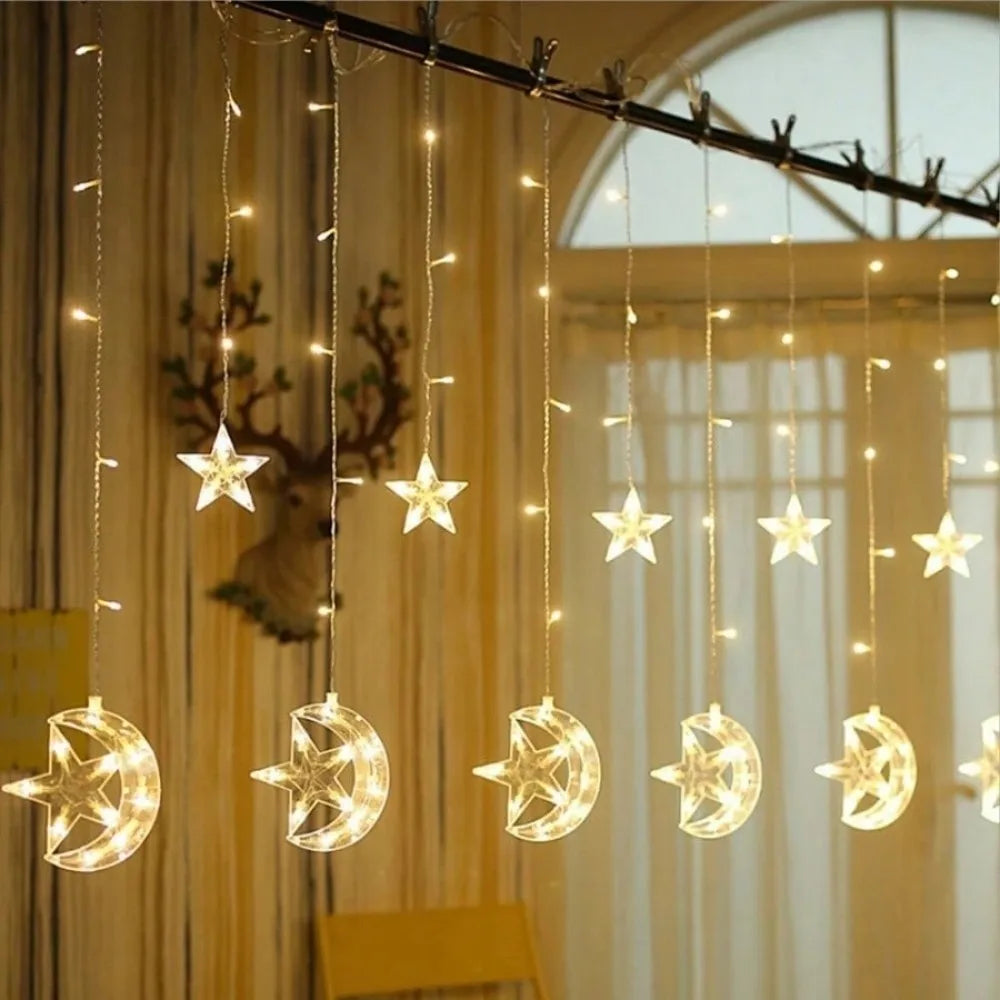 1PC 3.5M120LED Moon&Star LED curtain light,powered by 3AA batteries(excluding batteries),used for Ramadan room decoration Vue Warm white 1PC 3.5M120LED
