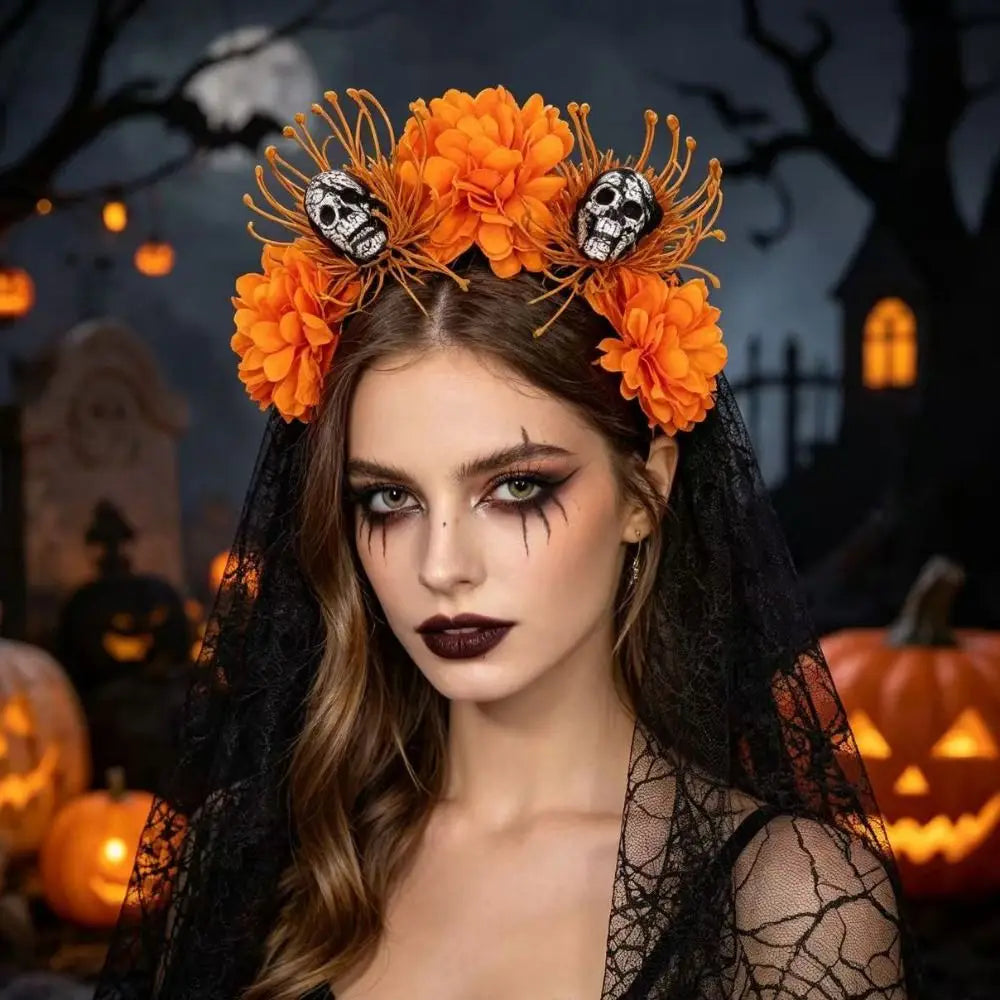 Lace Veil Skull Headband Dark Purple Sheer Mesh Ghost Bride Headwear Skull Shaped Artificial Flowers Floral Veil Headband Vue