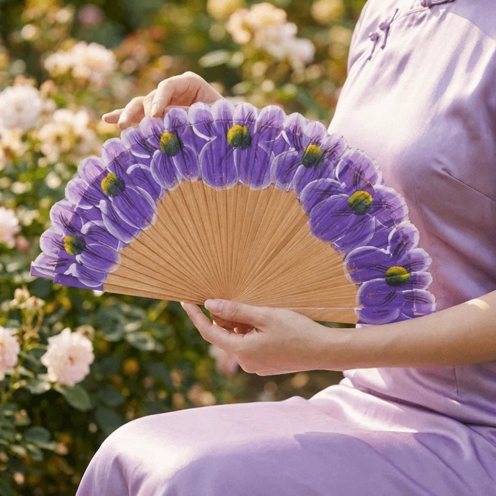 Wooden Folding Fan Hand-Painted Pattern Handmade Cheongsam Dance Fan Chinese Style Classic Handheld Fan Photography Prop Vue