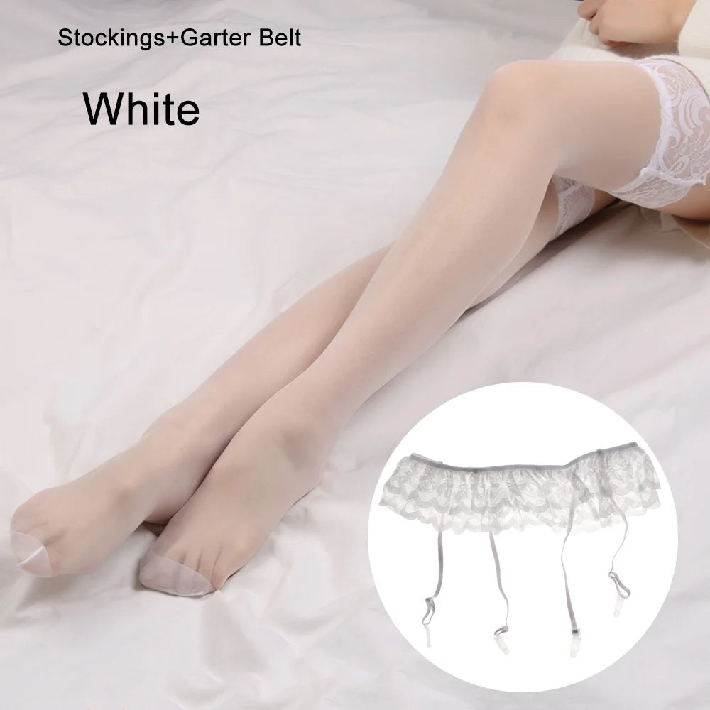 Womens Stylish Lace Thigh-highs Stockings Socks+suspender Garter Belt Vue White