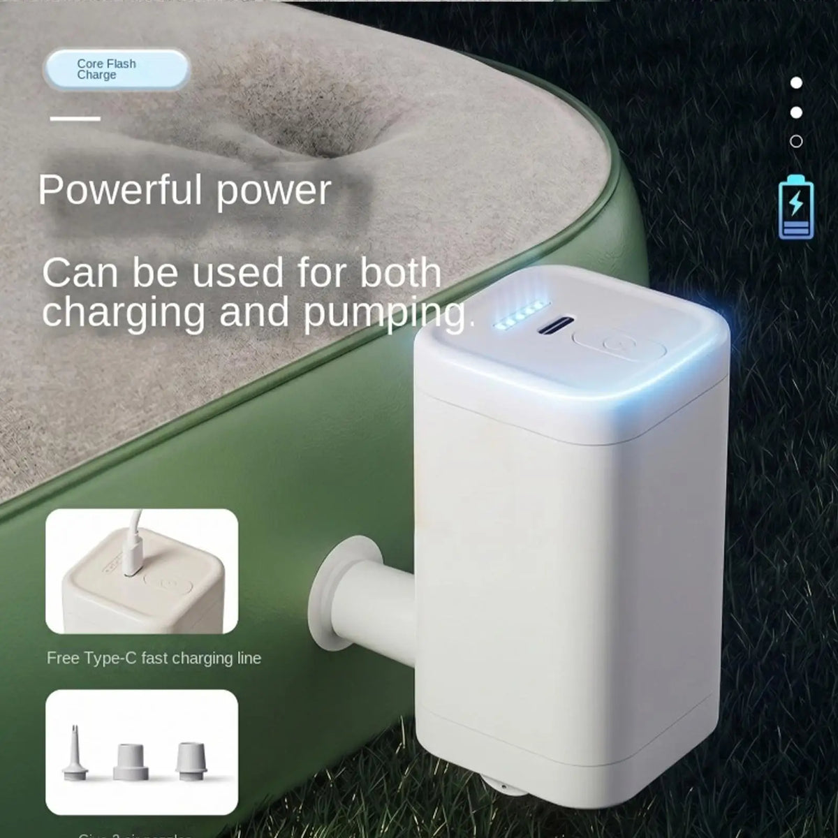 Rechargeable Portable Air Pump Inflator with 3 Nozzles for Pool Camping Travel Beach Outdoor Garden Patio Backyard Vue