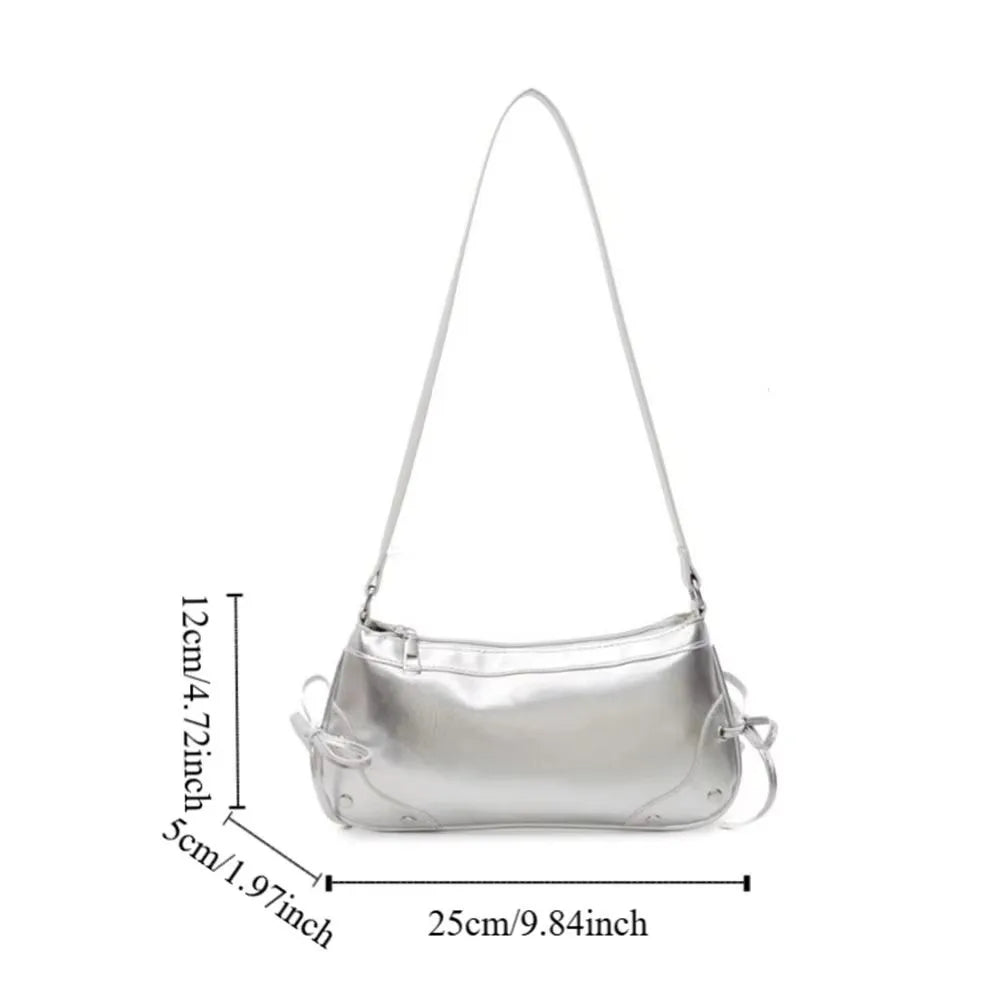 PU Leather Shoulder Bag Solid Bow Tie Decor Armpit Y2K Handbag Women