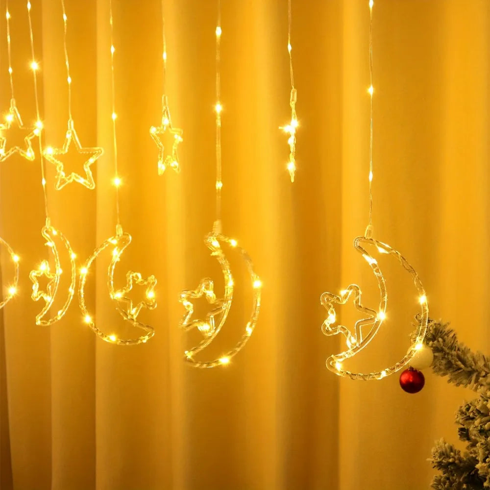 1PC 3M USB Moon&Star Curtain Light with Remote Control,8 Lighting Modes,Suitable for Room,Party and Ramadan Decoration Vue