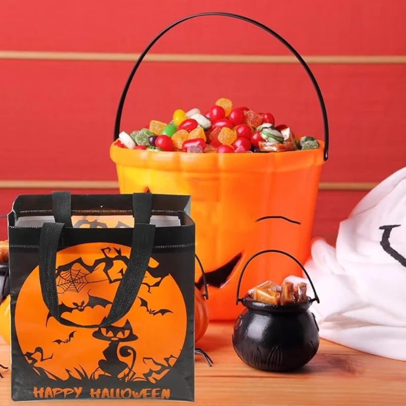 12-48PCS Non Woven Halloween Shopping Bag with Pumpkin Bat for Adults Candy Treat Handbag Cute Student Gift Party Favor Tote Vue
