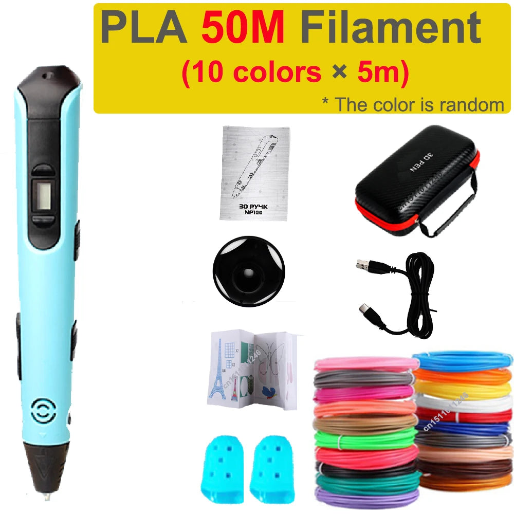 Electronic 3D Printing Pen Kids 1.75mm PLA Filament Graffiti Tool DIY Drawing 3D Pen Children Boys Girls Birthday Holidays Gift Vue Blue-50PLA