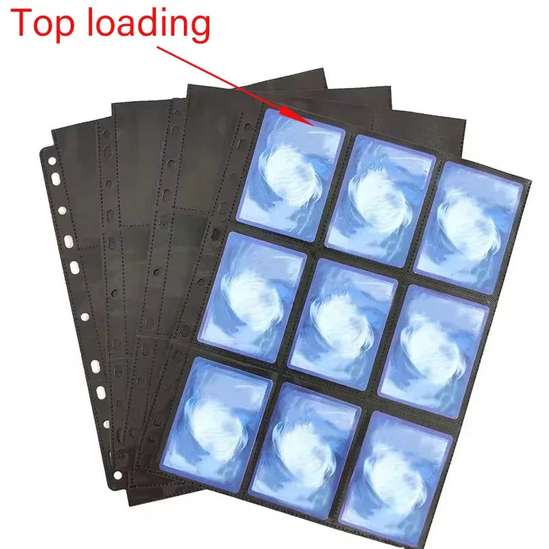 10PCS 11 Holes Double-Sided Card Sleeves Album Binder Sheets A4 Black 9 Pockets Pages Protector Cards Game Cards Binder Vue