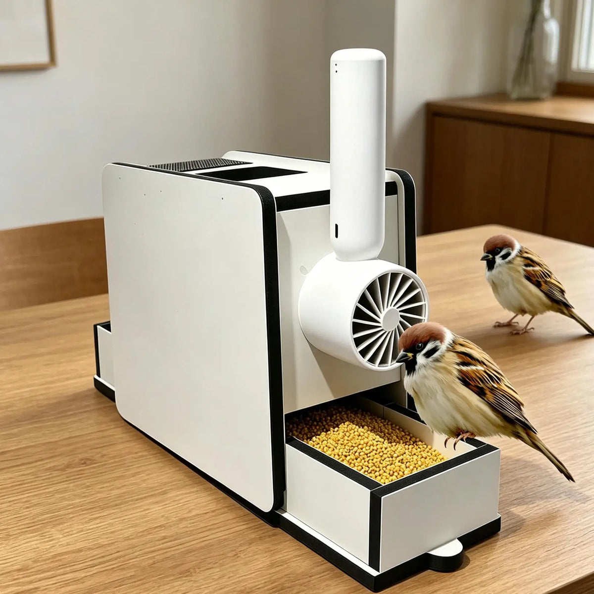 Bird Shelling Machine Wooden Rechargeable Bird Feed Shell Blower for Macaws Parrot Sparrow Parakeet Budgies Conures Cockatiels Vue
