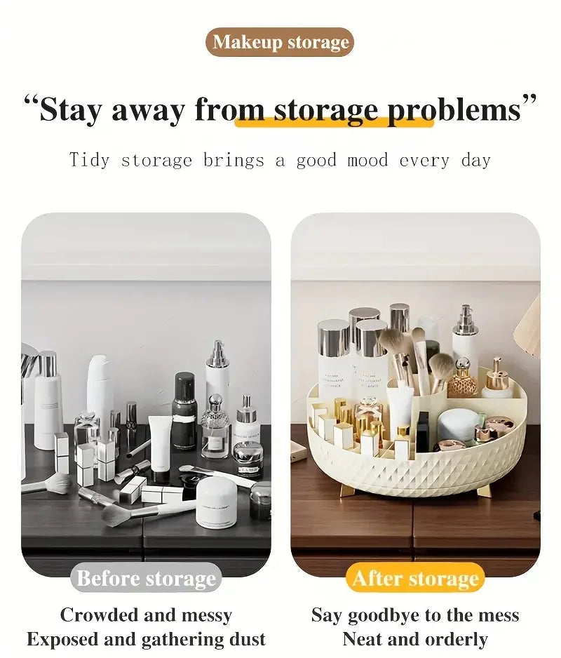 360 Degree Rotating Storage Box Diamond Pattern Cosmetic Storage Container with Multiple Compartment for Lipstick Makeup Brushes Vue